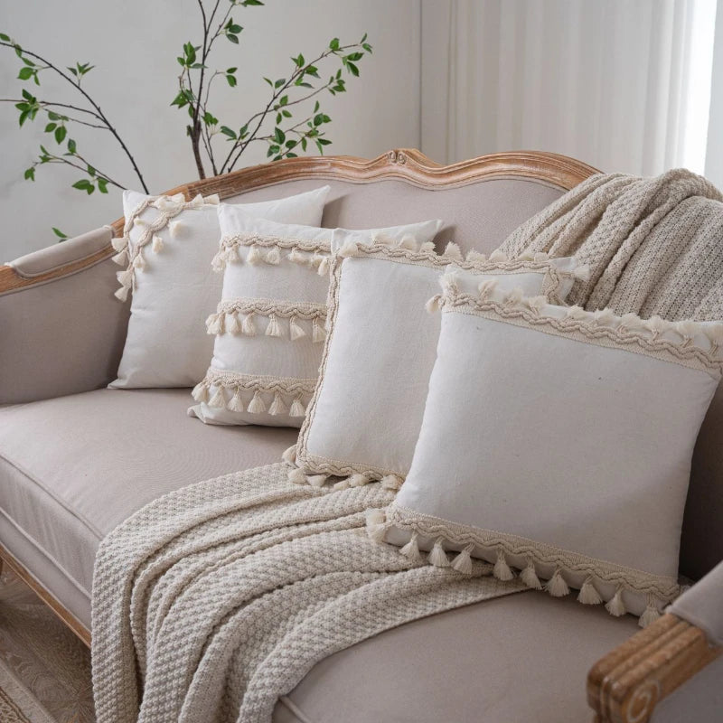 Wabi Sabi Linen & Cotton Fringe Cushion Cover | Handmade Boho Pillow Case