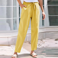 Women Cropped Pants Cotton Linen Baggy Trousers Drawstring Elastic Waist Pantalones Korean Fashion Solid Straight Pants штаны