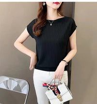 Slash Neck Short Sleeve Knit Pullover – Loose Fit Solid Women's Summer Sweater