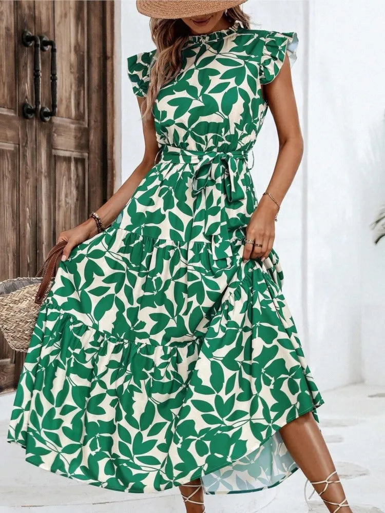 Floral Flying Sleeve Lace-Up Midi Dress | Elegant A-Line Empire Waist Women's Summer Dress