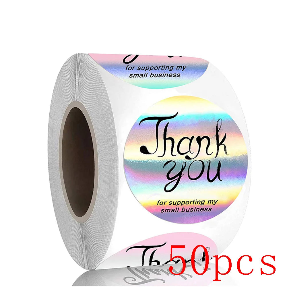 50-500pcs Rainbow Laser Thank You Stickers 1 Inch White Thank You Small Business Sticker For Crafts Gift Packaging