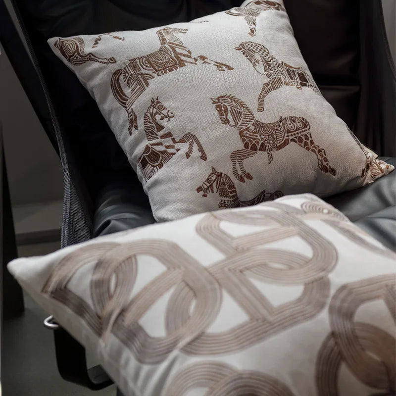 Retro Horse Jacquard Cushion Cover Set of 2 | Black White & Brown Sofa Pillow Cases