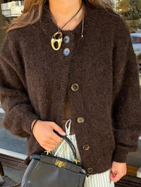 Women Button Down Sweater Fall Winter Knit Cardigan Solid Long Sleeve Open Front Sweaters Crew Neck Loose Fit Knitwear