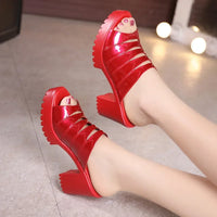 Women Retro Sandals  Summer Fashion High Heel Platform Slippers Outdoor Bright Leather Comfort Peep Toe Casual Sandals Shoes