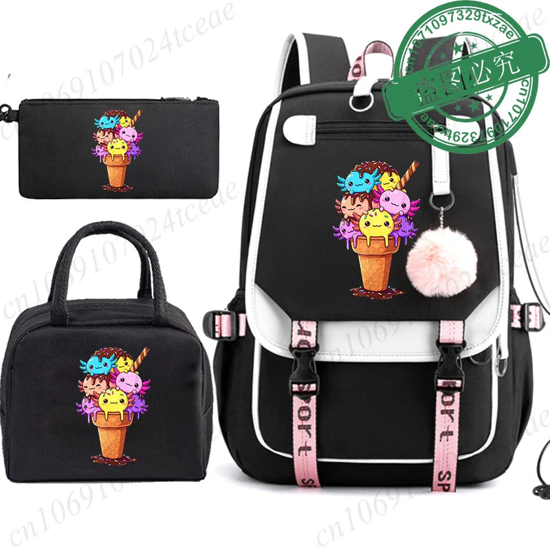 Mochila Escolar Anime Boba Axolotl con Lonchera y Estuche - Set 3 Piezas para Adolescentes