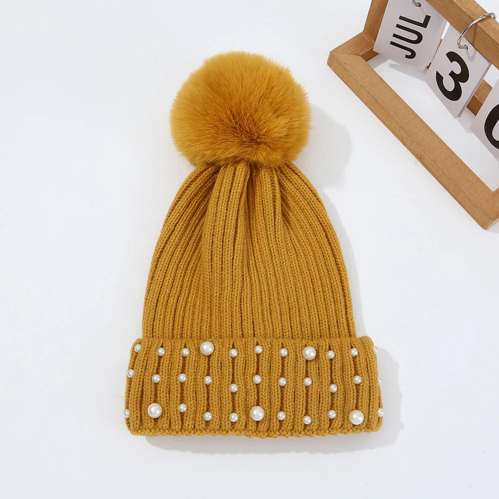 Gorro de Invierno con Pompón y Perlas - Gorro Tejido Cálido para Mujer