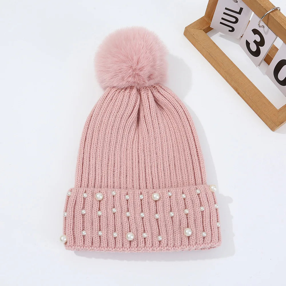 Gorro de Invierno con Pompón y Perlas - Gorro Tejido Cálido para Mujer
