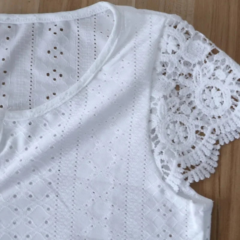 Lace Patch V-Neck Short Sleeve Blouse – Buttoned Solid Women's Summer Top