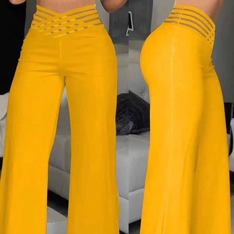 Fashionable Trendy Women's Hollowed Out Waist Belt High Waisted Large Size Pants Casual Straight Tube Loose Wide Leg Pants