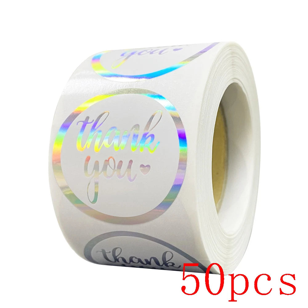 50-500pcs Rainbow Laser Thank You Stickers 1 Inch White Thank You Small Business Sticker For Crafts Gift Packaging