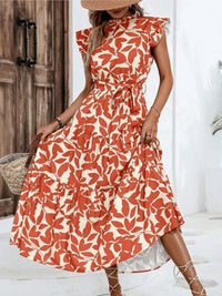 Floral Flying Sleeve Lace-Up Midi Dress | Elegant A-Line Empire Waist Women's Summer Dress
