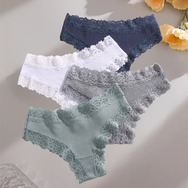 FINETOO 4PCS Sexy Lace Cotton Panties Women Brazilian Panties Ladies Sexy Low Waist Elastic T-Back Bikini Solid Soft Lingerie