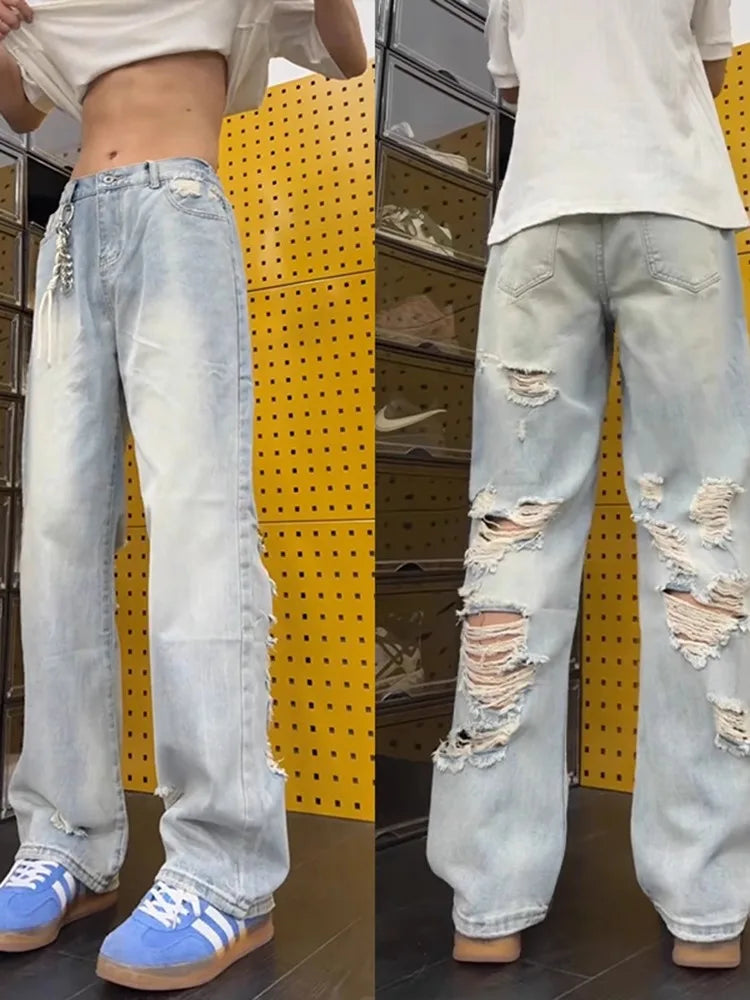 Men's Heavily Distressed Wide Leg Jeans | Low Rise Hip Hop Flare Denim with Big Rips