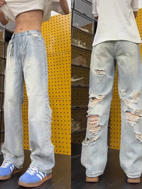 Men's Heavily Distressed Wide Leg Jeans | Low Rise Hip Hop Flare Denim with Big Rips