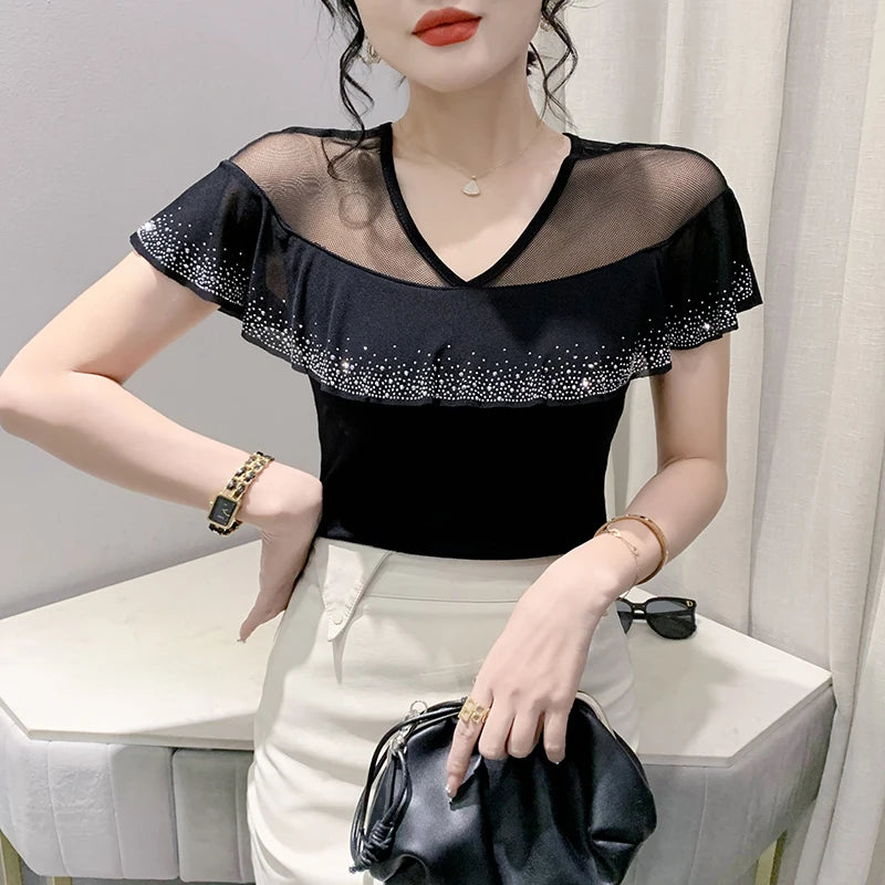 Women's Mesh Ruffle V-Neck Top | Butterfly Sleeve, Diamond Detail, Beach Summer Tee
