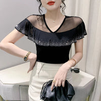 Women's Mesh Ruffle V-Neck Top | Butterfly Sleeve, Diamond Detail, Beach Summer Tee