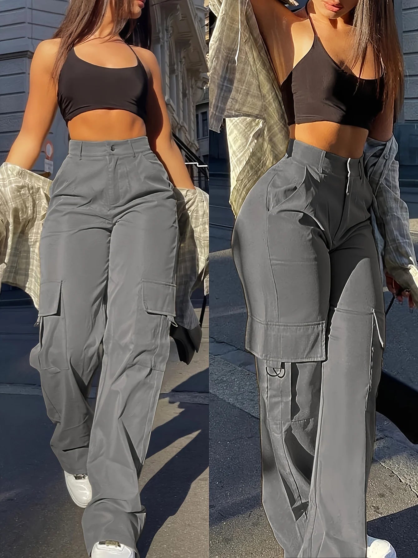 Women's Cargo Pants Flap Pockets Wide-leg Overalls Suitable For Daily Casual Street Wear In All Season