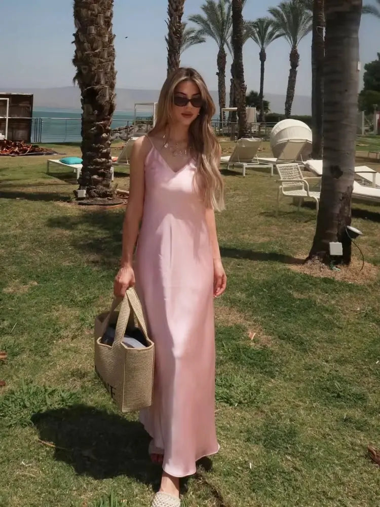 Vestido Satinado Amarillo Mujer - Maxi Vestido Cuello V Sin Mangas para Fiesta y Vacaciones
