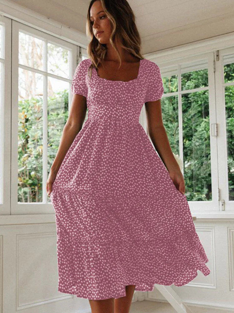 Floral Square Collar Puff Sleeve Midi Dress | A-Line Ruffle Women's Summer Party Dress