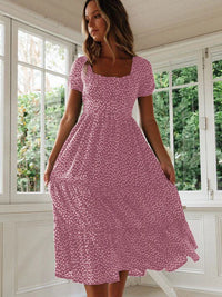 Floral Square Collar Puff Sleeve Midi Dress | A-Line Ruffle Women's Summer Party Dress
