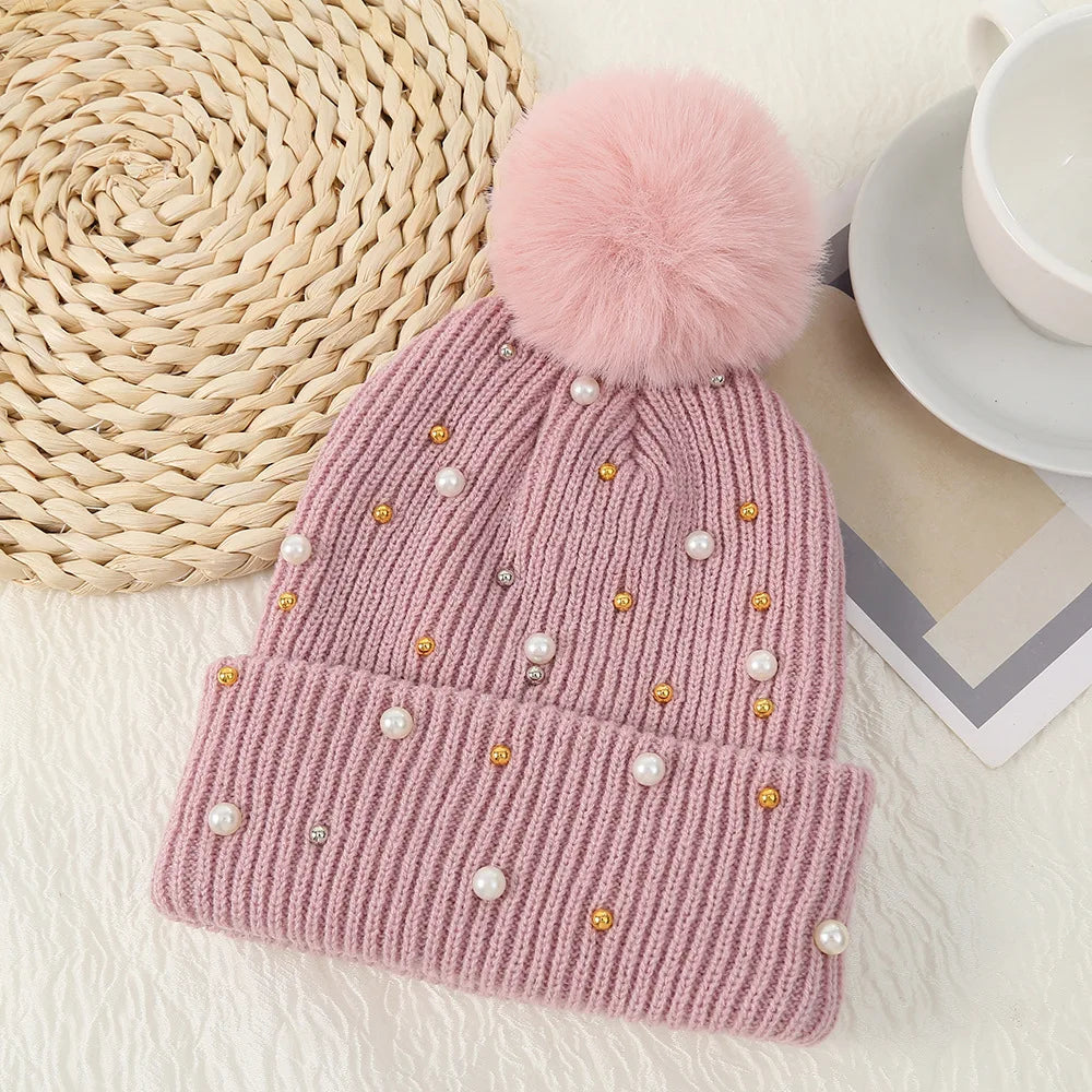 Gorro Invierno Mujer con Pompones y Perlas - Beanie Lana Tejido Cálido y Elegante