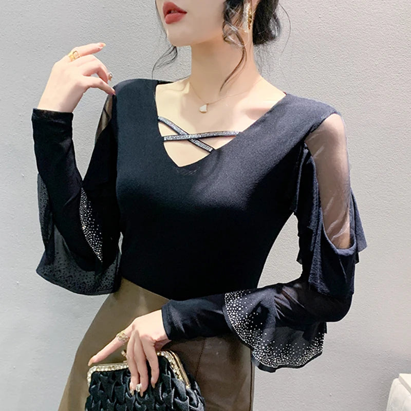 Korean Mesh Ruffle Top with Hot Diamonds | Long Sleeve Slim Fit Women's Shirt