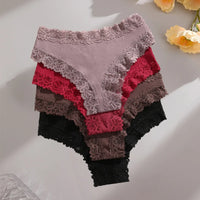 4-Pack Lace & Cotton Bikini Panties – Low-Rise, Soft & Breathable Women's Underwear