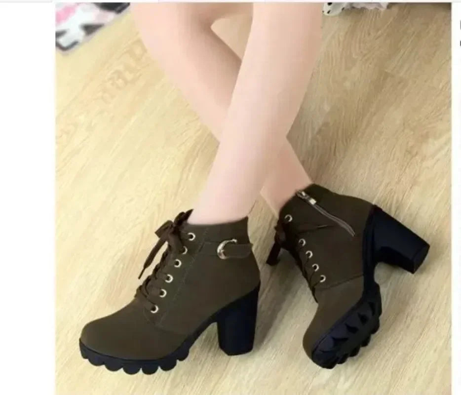 Cross-Tie Ankle Boots for Women – Pointed Toe, Block Heel, Side Zip | Fall & Winter