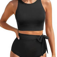 Women's High Waist Bandeau Bikini Set | Solid Color Sporty Swimwear | 2-Piece