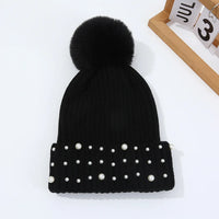 Gorro de Invierno con Pompón y Perlas - Gorro Tejido Cálido para Mujer