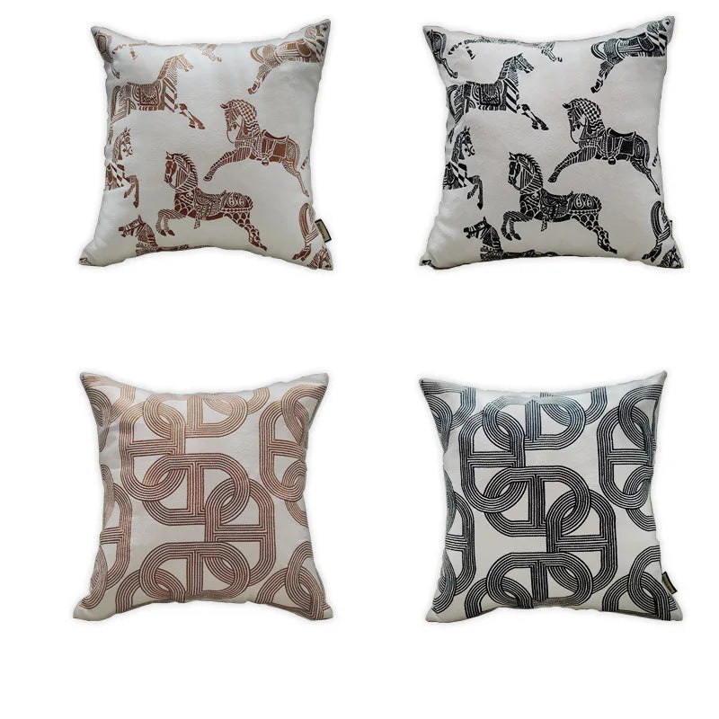 Retro Horse Jacquard Cushion Cover Set of 2 | Black White & Brown Sofa Pillow Cases
