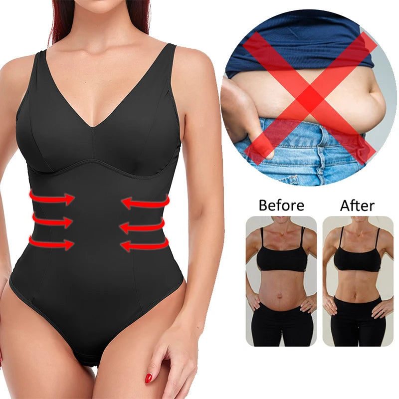 Deep V-Neck Thong Bodysuit Shapewear with Built-In Bra & Waist Trainer