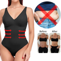 Deep V-Neck Thong Bodysuit Shapewear with Built-In Bra & Waist Trainer