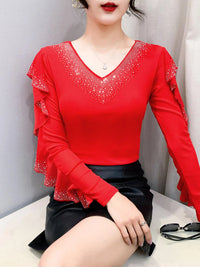 Women's Long Sleeve V-Neck Top | Flounce Sleeves, Lace & Sequin Detail, Slim Fit