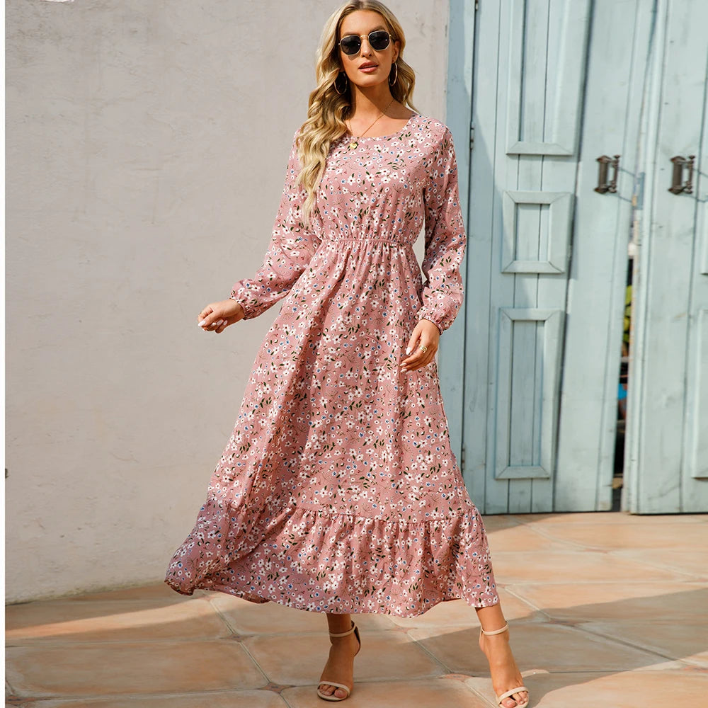 Vestido Maxi Mujer Bohemio - Manga Larga Cintura Alta Estampado Floral Chiffon Playa