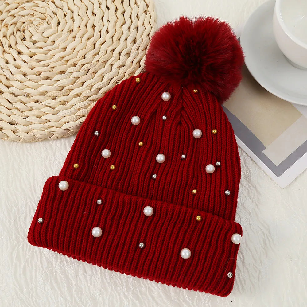 Gorro Invierno Mujer con Pompones y Perlas - Beanie Lana Tejido Cálido y Elegante