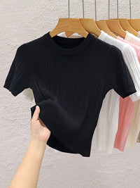 Korean Knit Slim Fit T-Shirt – Solid Color Short Sleeve Women's Streetwear Tee