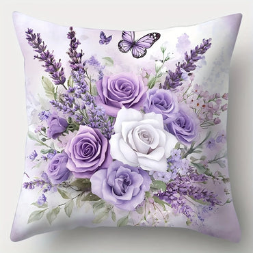 Purple Rose & Butterfly Pillow Cover Set of 4 | Floral Printed Cotton Cushion Cases