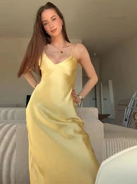 Vestido Satinado Amarillo Mujer - Maxi Vestido Cuello V Sin Mangas para Fiesta y Vacaciones