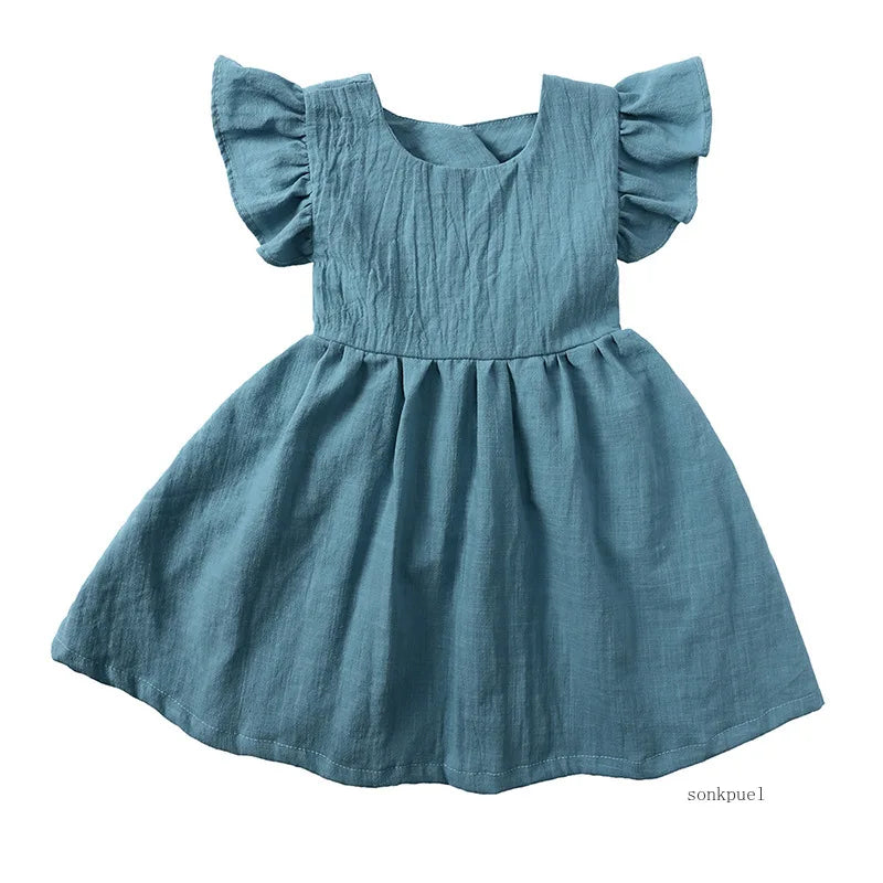 Girls Cotton Linen Princess Dress - Flutter Sleeve A-Line | Ages 4-6Y