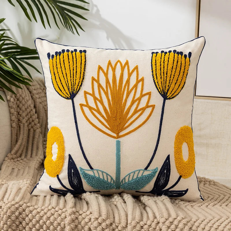 Floral Embroidered Cotton Pillow Cover - Rustic Decorative Cushion Case