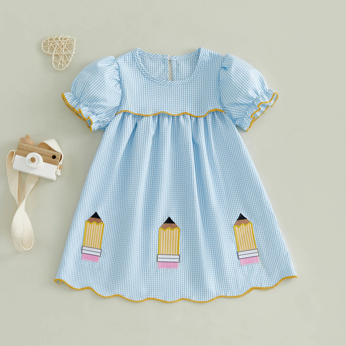 FOCUSNORM 2-8Y Toddler Kids Girl A-line Dress Short Sleeve Crew Neck Plaid Embroidery Pencil Summer Dress Back to School Clothes