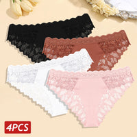 Set 4 Panties Sexy de Encaje Floral - Lencería Transparente Tiro Bajo