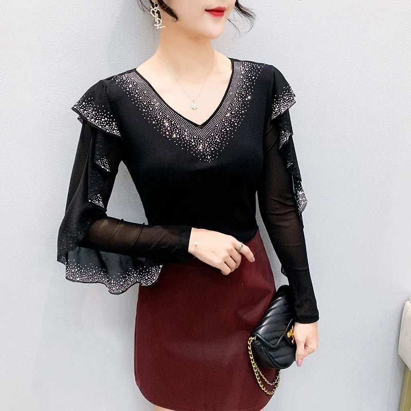 Korean Mesh Ruffle Top with Hot Diamonds | Long Sleeve Slim Fit Women's Shirt
