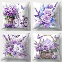 Purple Rose & Butterfly Pillow Cover Set of 4 | Floral Printed Cotton Cushion Cases