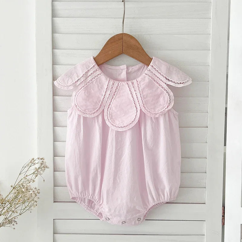 Baby Girls Petal Collar Cotton Romper | Sleeveless Patchwork Jumpsuit, Ages 0–24M