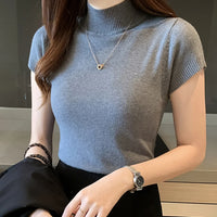Korean Knit Slim Turtleneck Blouse – Solid Short Sleeve Women's Top