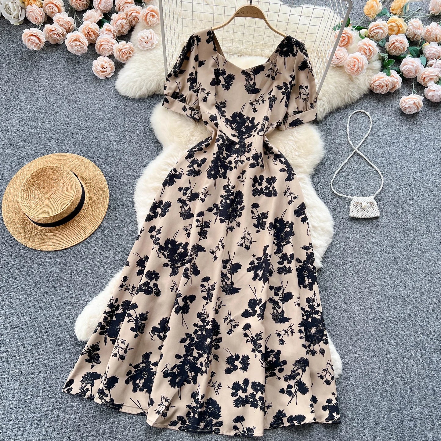 Contrast Color Print A-Line Midi Dress | Sweet High Waist Short Sleeve Women's Summer Dress