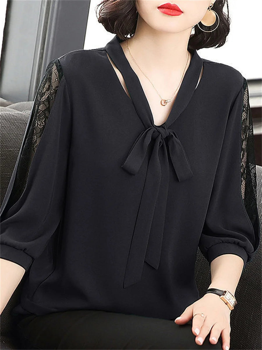 Bow Tie Blouse – Loose Fit Half Lace Sleeve Women's Top