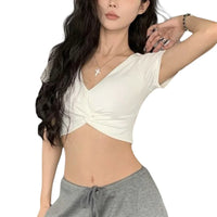 Y2K Twist Front V-Neck Slim Crop Tee – Solid Short Sleeve Women's Streetwear Top